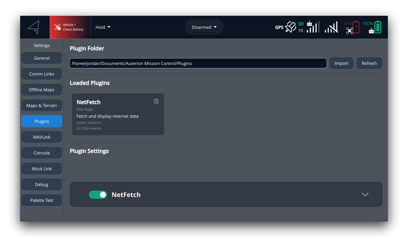 Settings page showing a loaded plugin